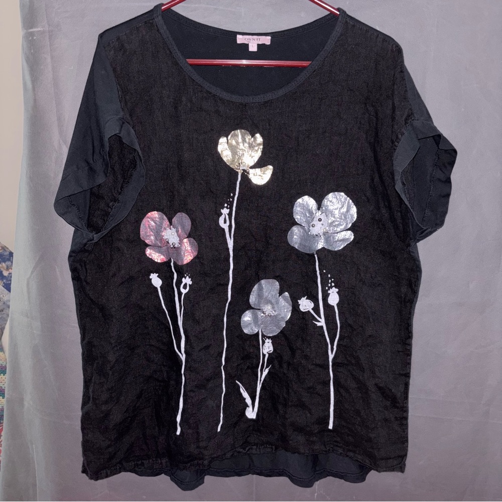 L, MadeIn ITALY Linen Cotton Black T-SHIRT LIGHTWEIGHT TOP Metallic FLOWER PRINT